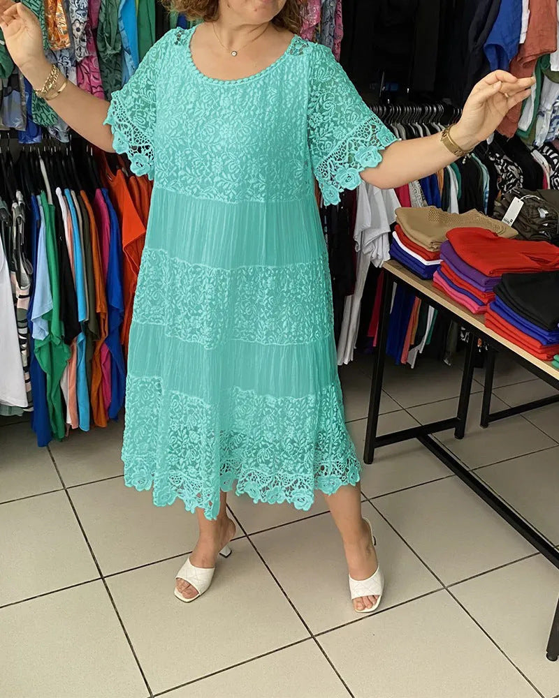 ✨【S-5XL】Nova čipkasta obleka s kratkimi rokavi in okroglim izrezom