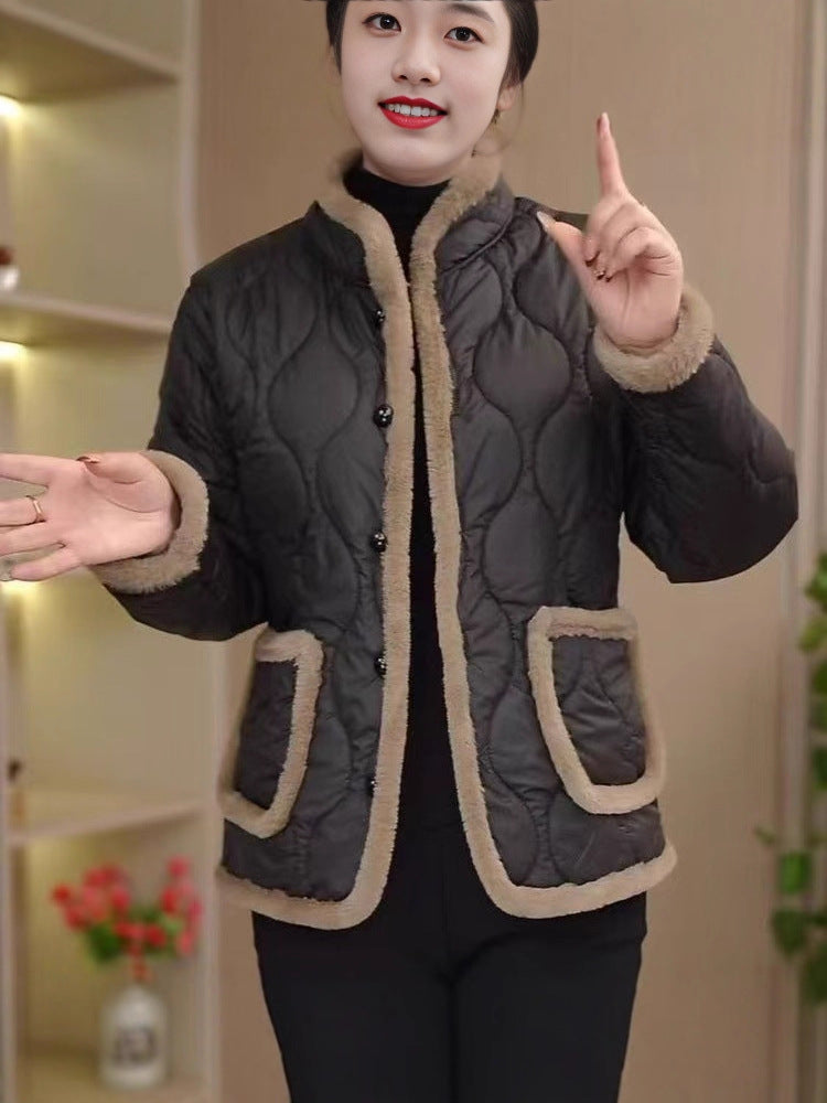 【50% popust】【XL-5XL】Ženski zimski oblazinjen topel plišast plašč z gumbi. Enobarvni, modni.