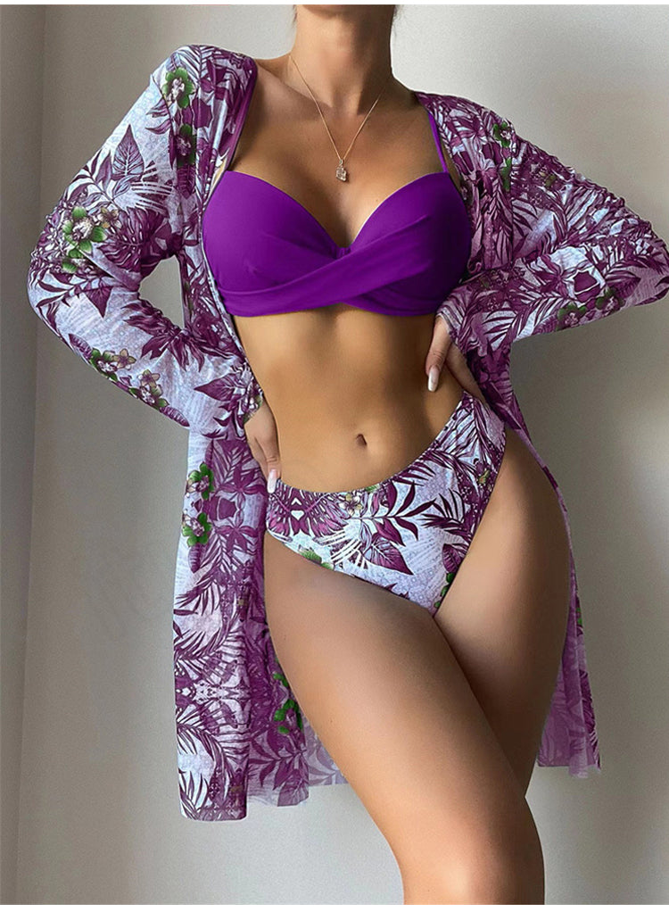 🔥👙 2025Costum de baie din trei piese cu talie înaltă și mânecă lungă, imprimat