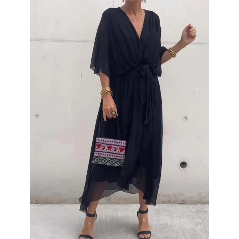 👗Večbarvna čipkasta šifonska obleka brez rokavov in netopirjevih rokavov