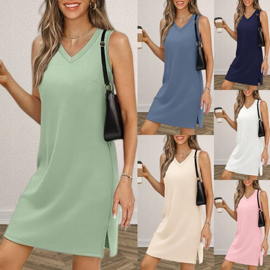 👗💟【S-2XL】Nova poletna obleka brez rokavov z V-izrezom in spodnjim razporkom, udobna in zračna, poletje 2025
