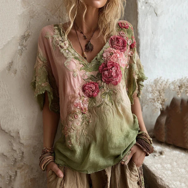 🌺【Omezená nabídka】Elegantní halenka s květinovým potiskem a hlubokým výstřihem do V 【S-4XL】