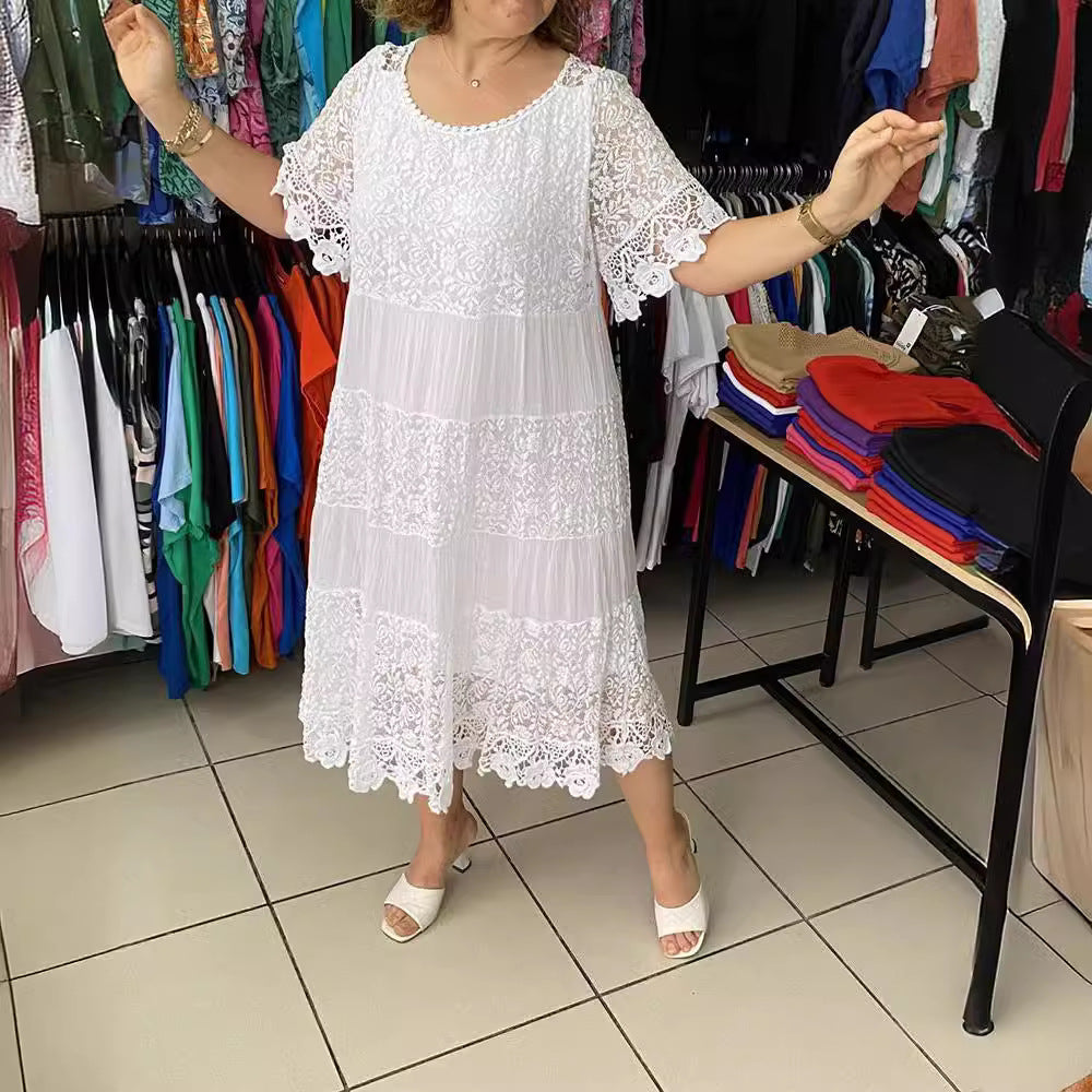 ✨【S-5XL】Nova čipkasta obleka s kratkimi rokavi in okroglim izrezom