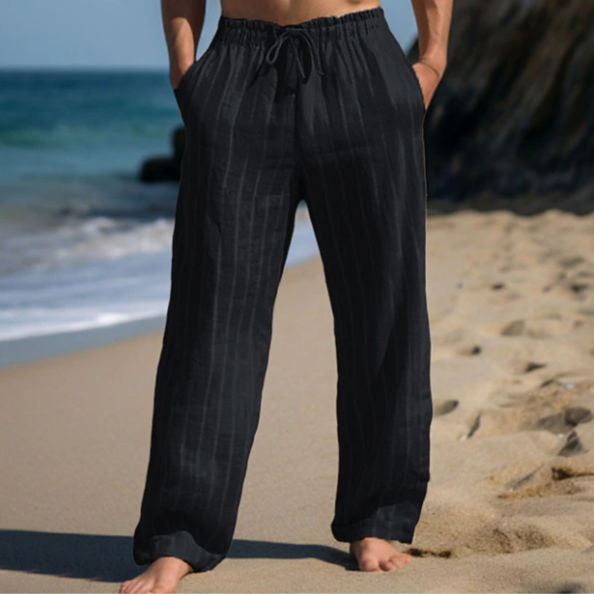 🎹👖【50% popust 🔥】【M–3XL】😍 Moške nove lanene hlače večjih velikosti s črtami, ravnega kroja, z elastičnim pasom in vrvico