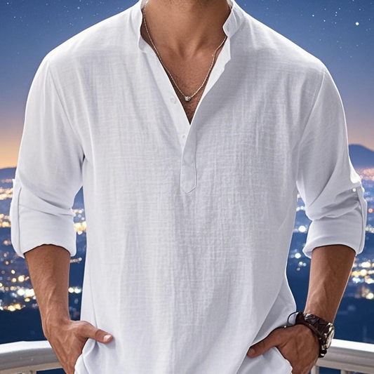 🤩✨【S-5XL】2025 Cămașă casual pentru bărbați din bumbac și in, culoare solidă, mânecă lungă, cămașă cu guler înalt, lejeră