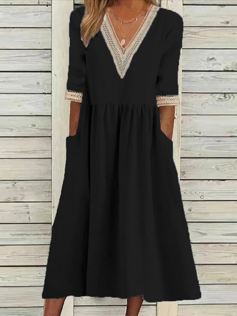 🌈👗【50% popust 🔥】【40-90 kg】👑 Ženska midi obleka iz bombaža in lana s čipkastim ovratnikom, v večjih velikostih