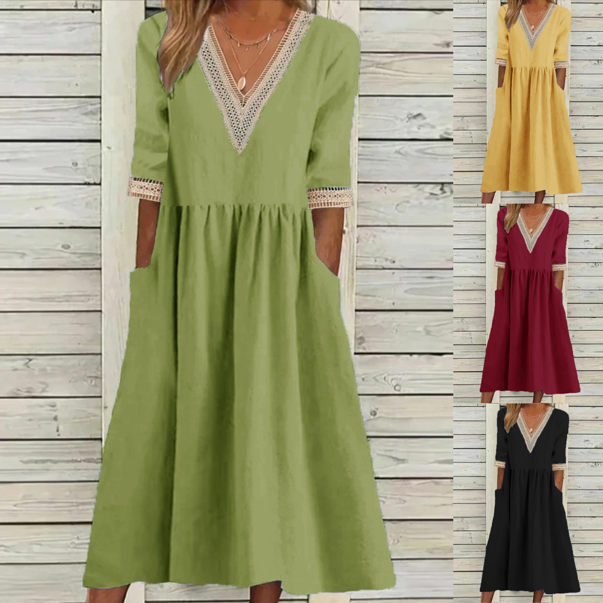 🌈👗【50% popust 🔥】【40-90 kg】👑 Ženska midi obleka iz bombaža in lana s čipkastim ovratnikom, v večjih velikostih