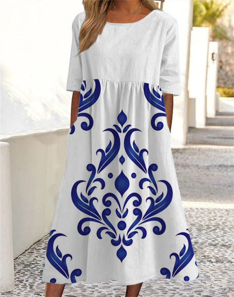 👘🌺【50% sleva 🔥】【M–3XL】Nové letní šaty pro ženy, kulatý výstřih a tištěný vzor, větší velikosti, lehké a prodyšné
