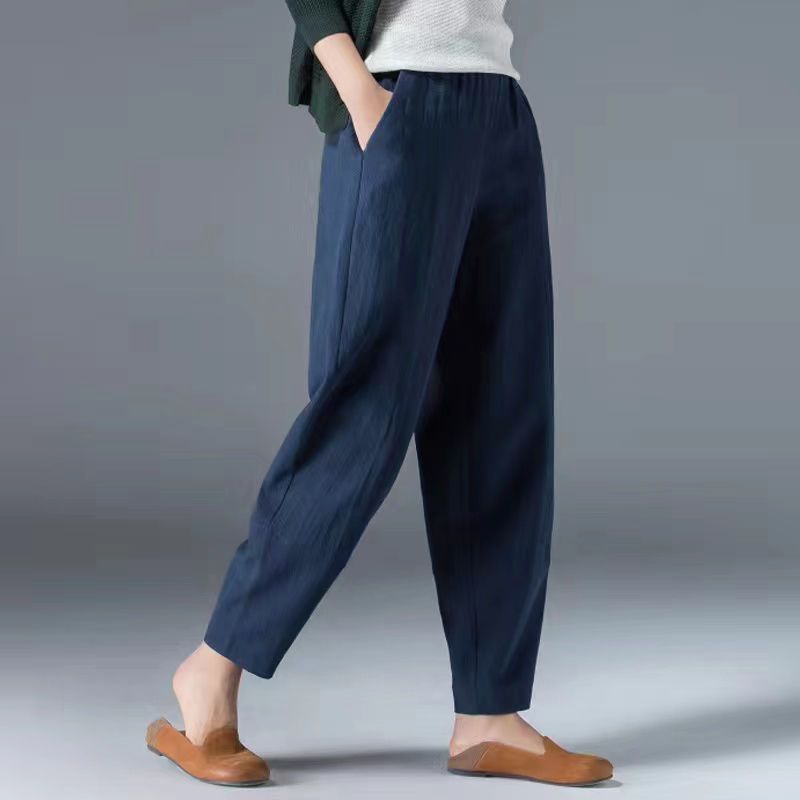 🌿🌿【50 % popust 🔥】【S–5XL】Ženske ohlapne široke hlače iz bombaža in lana v velikih velikostih