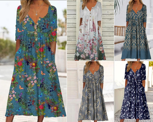 👗✨【S-5XL】Razprodaja poletnih oblek 2025 s potiskom in žepi