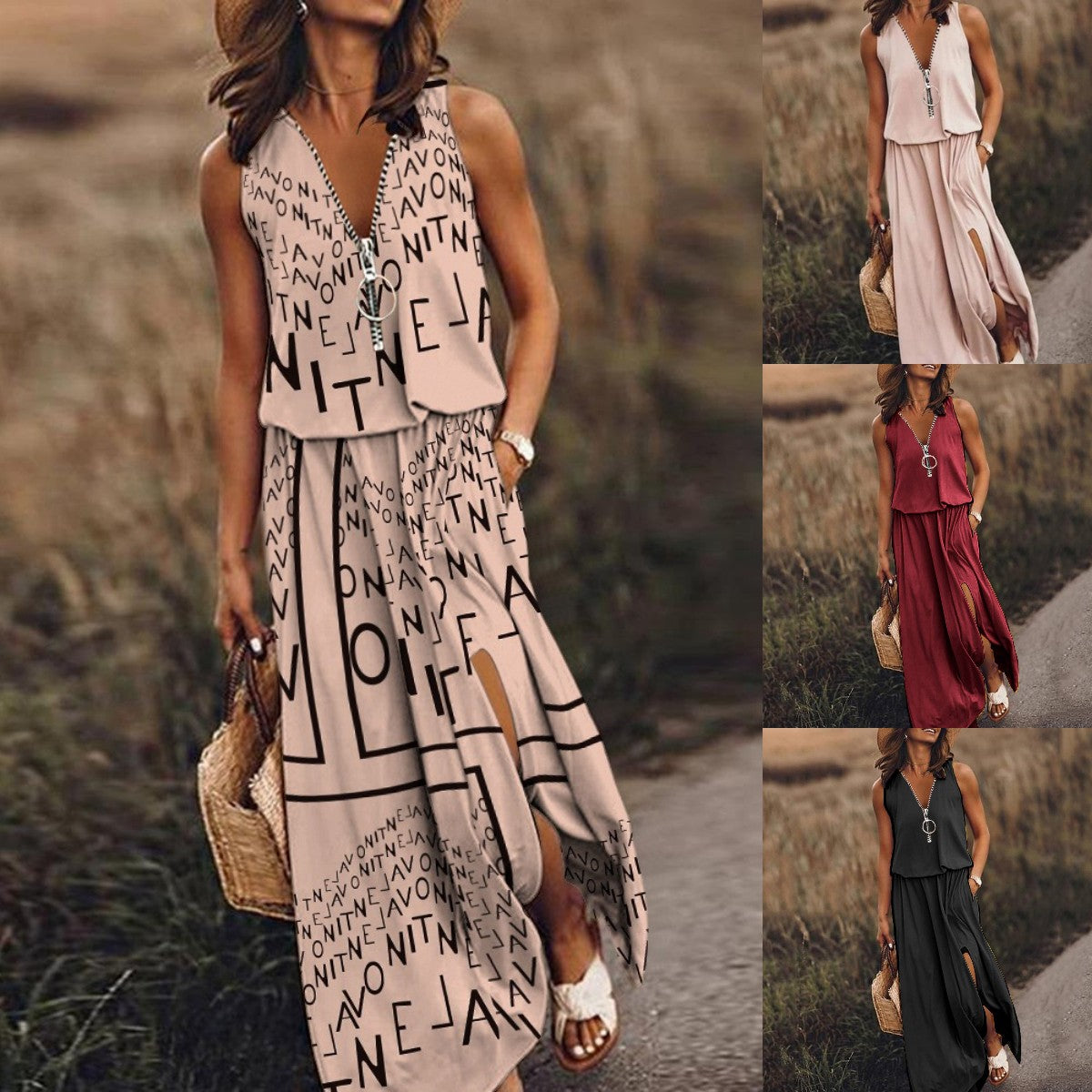 📢Vroča razprodaja🔥💟👗【S-5XL】Nova poletna modna obleka brez rokavov z zadrgo in potiskom v pasu