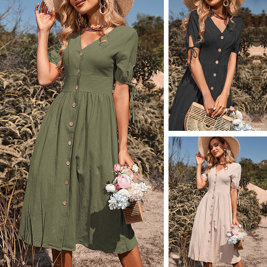👗2025. Nova srednje dolga obleka iz bombaža in lana z gumbi, enobarvna, z V-izrezom