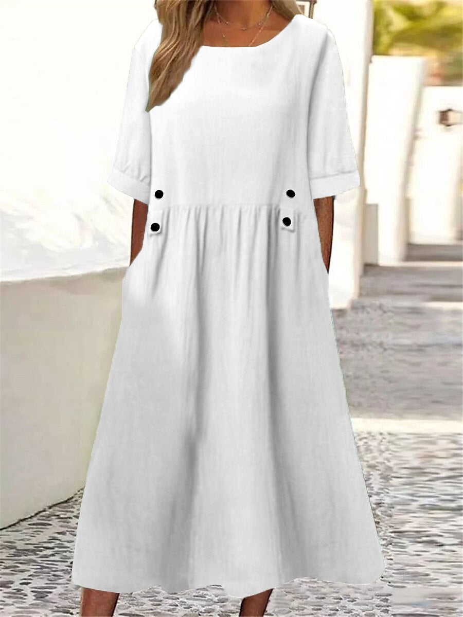 🔥🔥【50%SLEVA】👗👗2025 Letní volné šaty z bavlny a lnu s kulatým výstřihem a krátkými rukávy