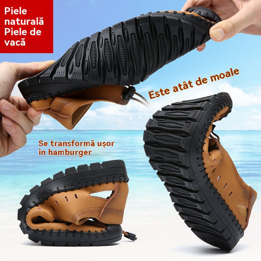 🌟 【Reducere de 50%】【39-44】Sandale de plajă bărbătești din piele naturală, cu vârful închis și gol, de vară👞✨