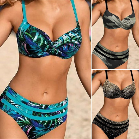 🌊👙【S~5XL】💋2025. Nov bikini v kopalkah večje velikosti z deljenim tiskom.