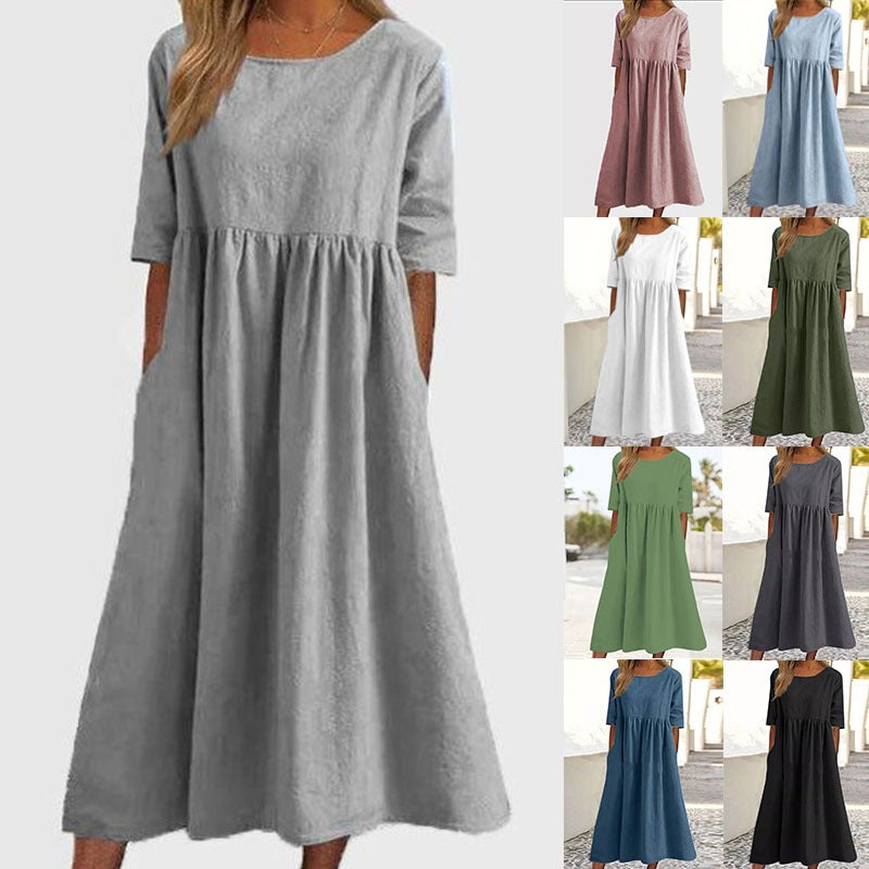 💕【50 % popust】【S-5XL】Ležerna obleka z žepi 2025, ohlapna, enobarvna in zelo udobna