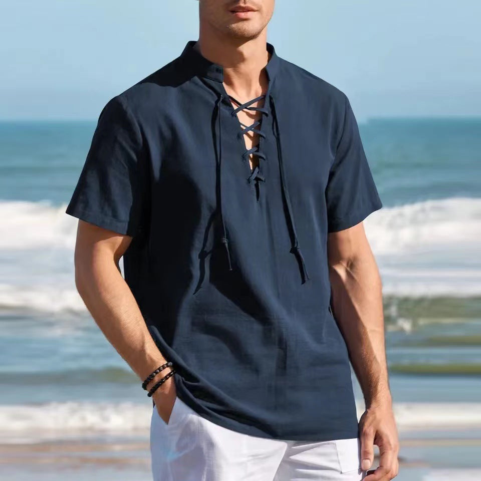 🏄♂️👔【50% popust 🔥】【S-3XL】Moška majica Henley, bombaž in lan, velike velikosti, z V-izrezom in okrasno vrvico