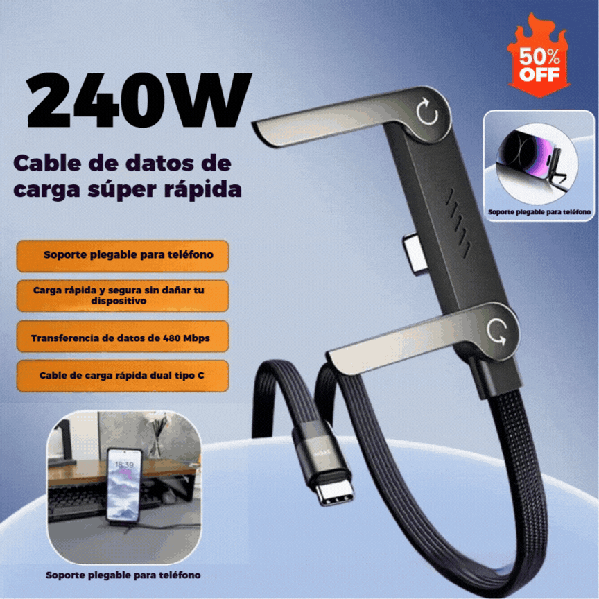 【Carga rápida】Cable de carga rápida 2 en 1 con soporte ajustable para teléfono ✅️Pago contra entrega