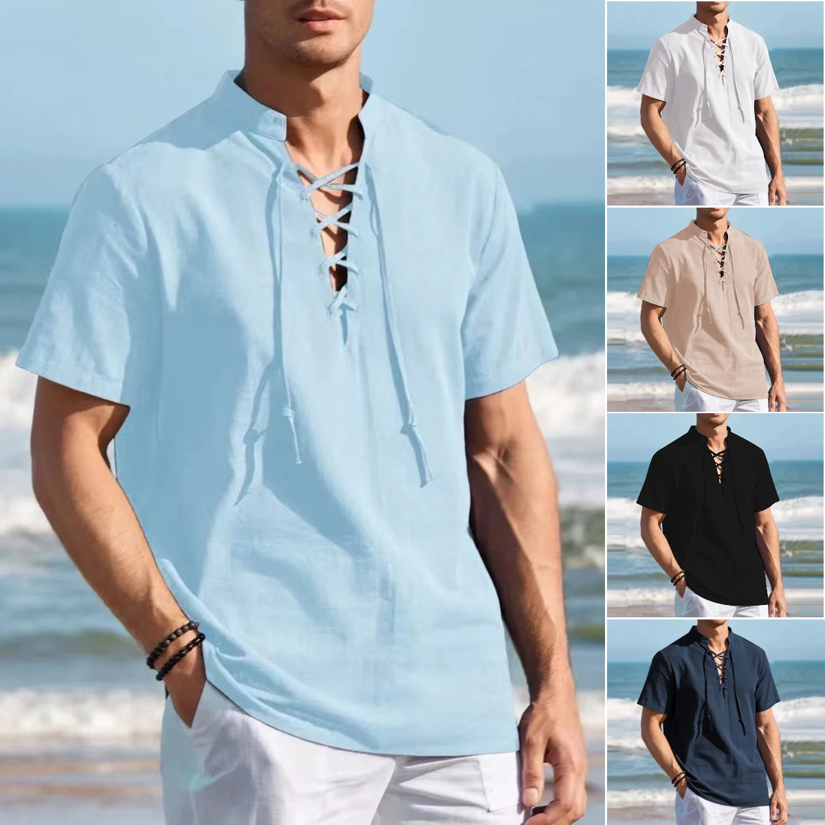 🏄♂️👔【50% popust 🔥】【S-3XL】Moška majica Henley, bombaž in lan, velike velikosti, z V-izrezom in okrasno vrvico