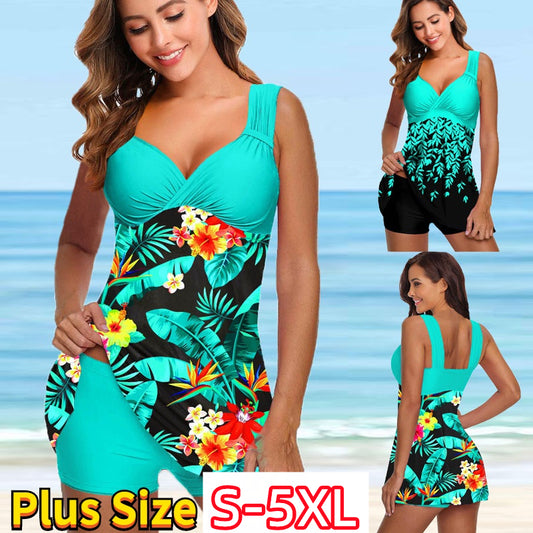 👙💐【S–5XL】【Reducere 50% 🔥】Costum de baie din două piese pentru femei cu forme, imprimeu floral vegetal, mărimi foarte mari