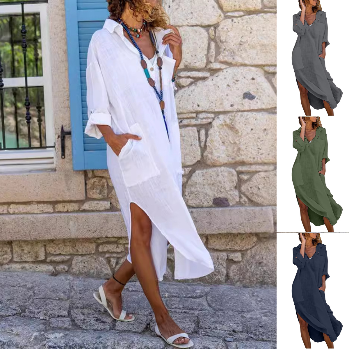 【S-2XL】Rochie lungă, cu imprimeu floral, din bumbac și in, respirabilă, de culoare solidă, la modă, la modă