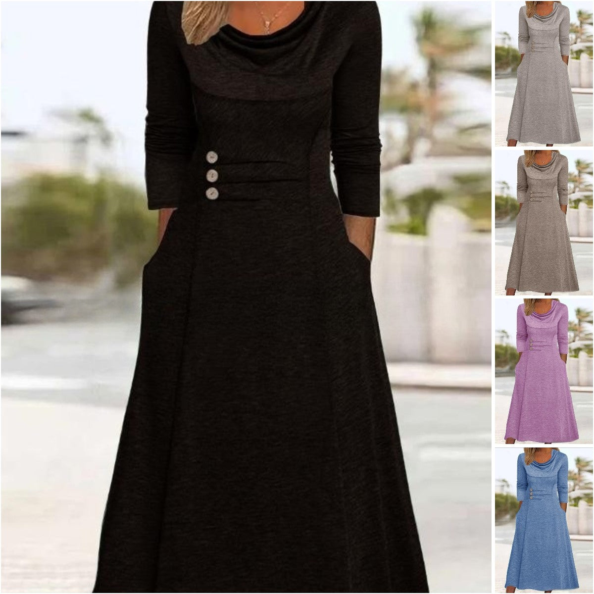 【50 % popust】【S-3XL】 2025 noua rochie cu nasturi cu buzunar cu gât rotund, culoare uni