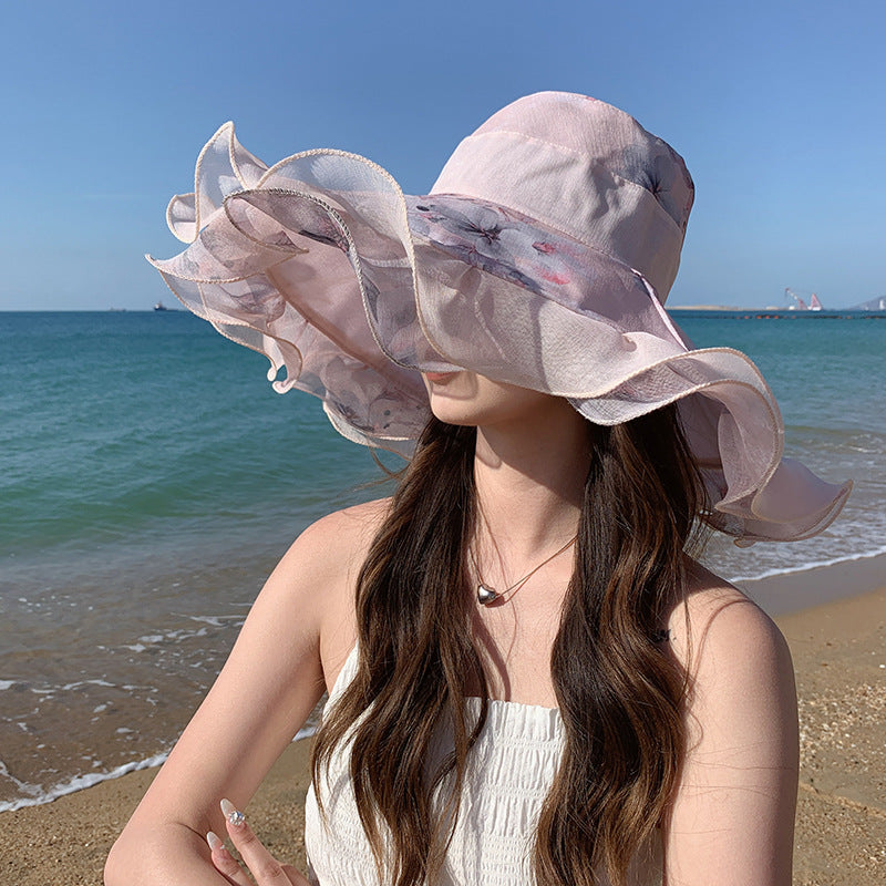 🎀👒【Letní novinky – sleva 50 % ✨】Dámská letní plážová čepice z bavlny a lnu s vlnitým okrajem, nositelná na obou stranách