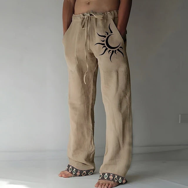 👖🌙【50% popust 🔥】【S–6XL】Nove moške hlače iz bombaža in lana z luninim vzorcem, široke ravne hlačnice, ležerni kroj, večje velikosti