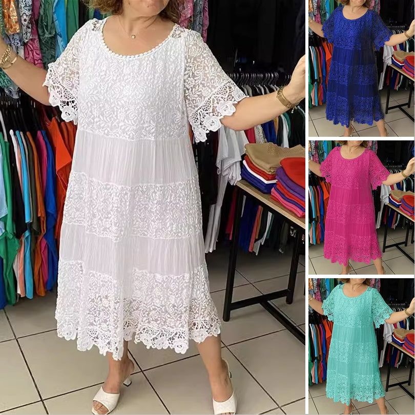 ✨【S-5XL】Nova čipkasta obleka s kratkimi rokavi in okroglim izrezom