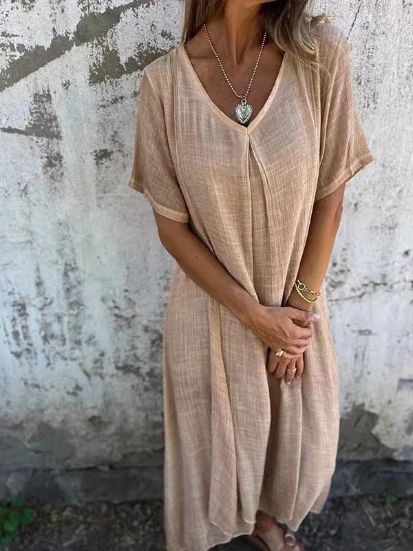 🔥【50 % popust】🥰👗【S-3XL】Nove modne obleke z V-izrezom iz bombaža in lana za leto 2025