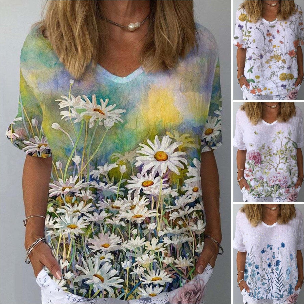 🌈💐【XS-4XL】Treu cu mânecă scurtă din bumbac cu imprimeu floral