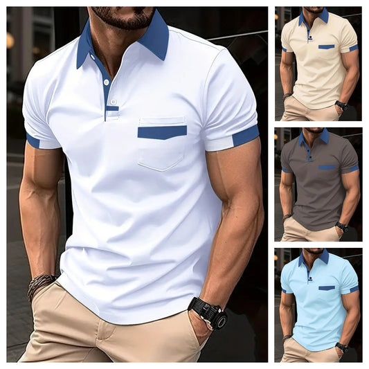 💥🔥【S-3XL】Pánské barevně blokové polo tričko s kapsami, sportovní polo tričko