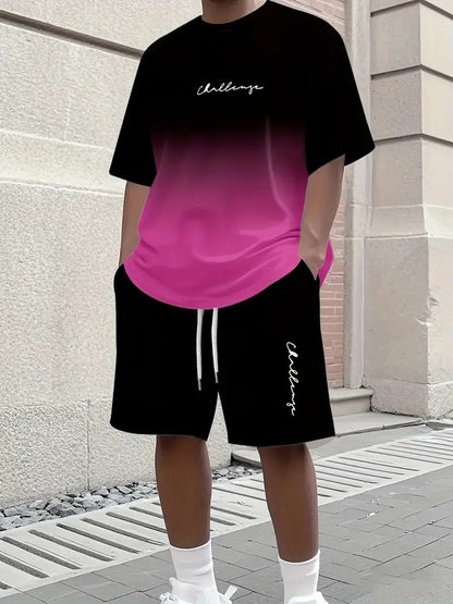 【S-5XL】Stylowy męski komplet składający się z koszulki z nadrukiem i spodenek, modny dwuczęściowy komplet, wygodny zarówno na co dzień, jak i na sportowo.