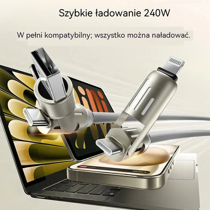 🔥 (2 m długości) 4-w-1 kabel do szybkiego ładowania PD 240 W – obsługuje szybkie ładowanie USB-C, Lightning i USB-A; wykonany ze stopu aluminium i silikonu; obsługuje synchronizację danych ⚡📱