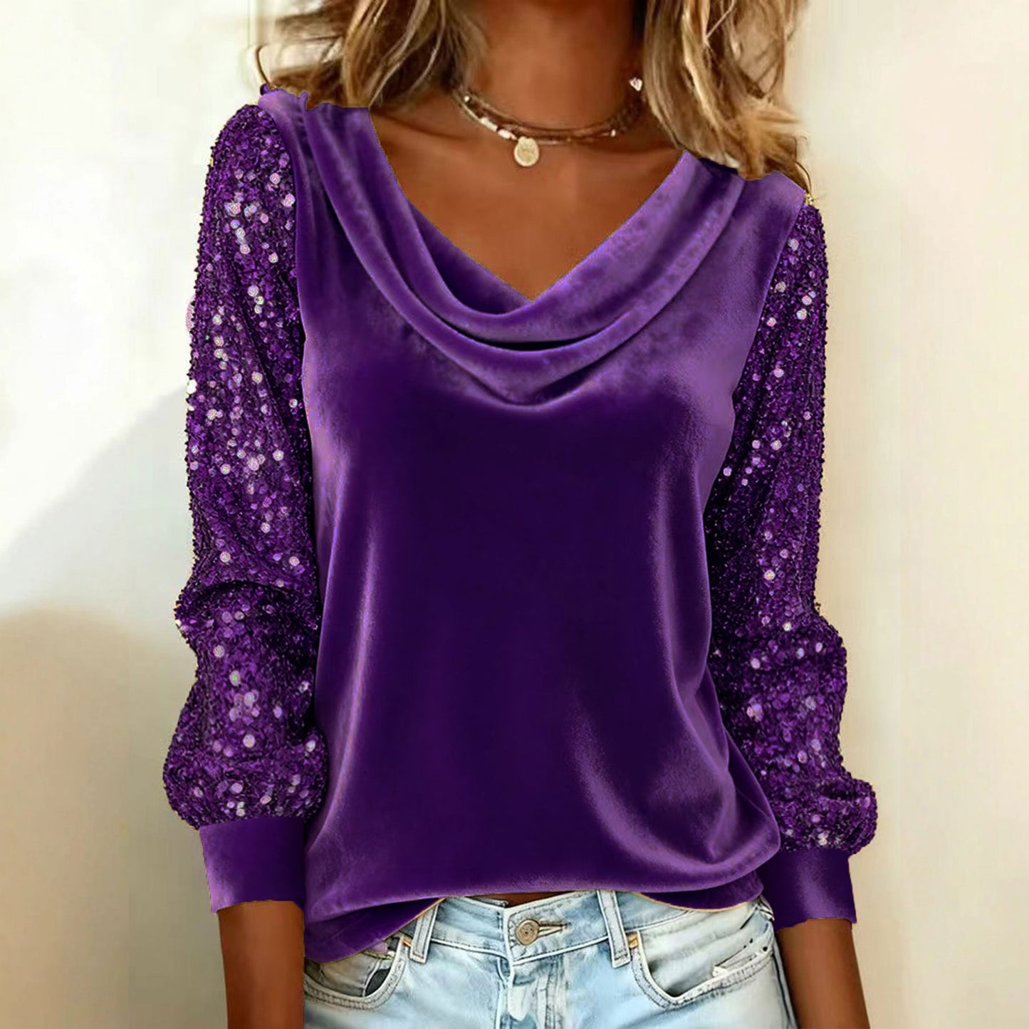 🔥【S-3XL】Dámska módna zamatová košeľa, rolák, dlhé rukávy s flitrami🔥
