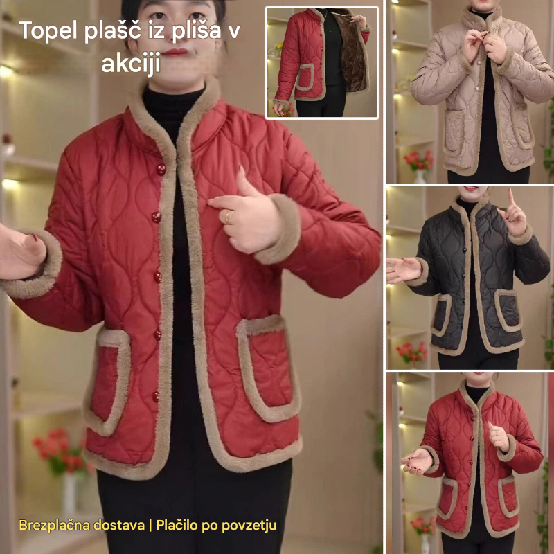 【50% popust】【XL-5XL】Ženski zimski oblazinjen topel plišast plašč z gumbi. Enobarvni, modni.