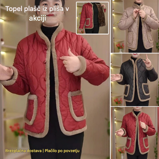 【50% popust】【XL-5XL】Ženski zimski oblazinjen topel plišast plašč z gumbi. Enobarvni, modni.