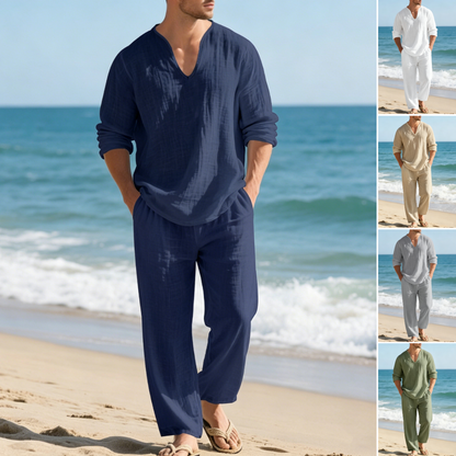 🌴 50% zniżki🔥【Top + spodnie】Męski lniany garnitur casualowy o luźnym kroju z dekoltem w serek, idealny na plażę. ✅️Płatność przy odbiorze