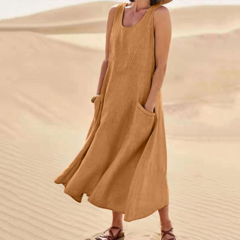 🌈【S-5XL】Nova poletna elegantna bombažna tencel obleka brez rokavov z okroglim izrezom (11 barv)