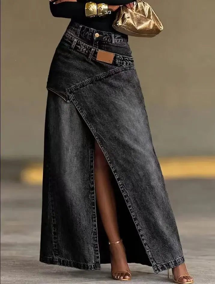 🥇【S-3XL】 Asymetryczna, warstwowa spódnica maxi z jeansu z rozcięciami, wysokim stanem i przetarciami w stylu vintage, doskonały wybór na co dzień.