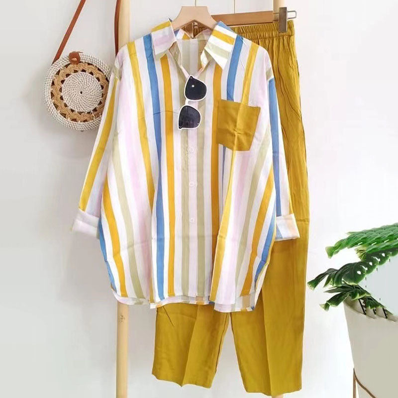 [S-5XL] 🌸 Costum casual din două piese pentru femei, cu dungi, pentru primăvară și vară - plăcut la atingere, moale și versatil