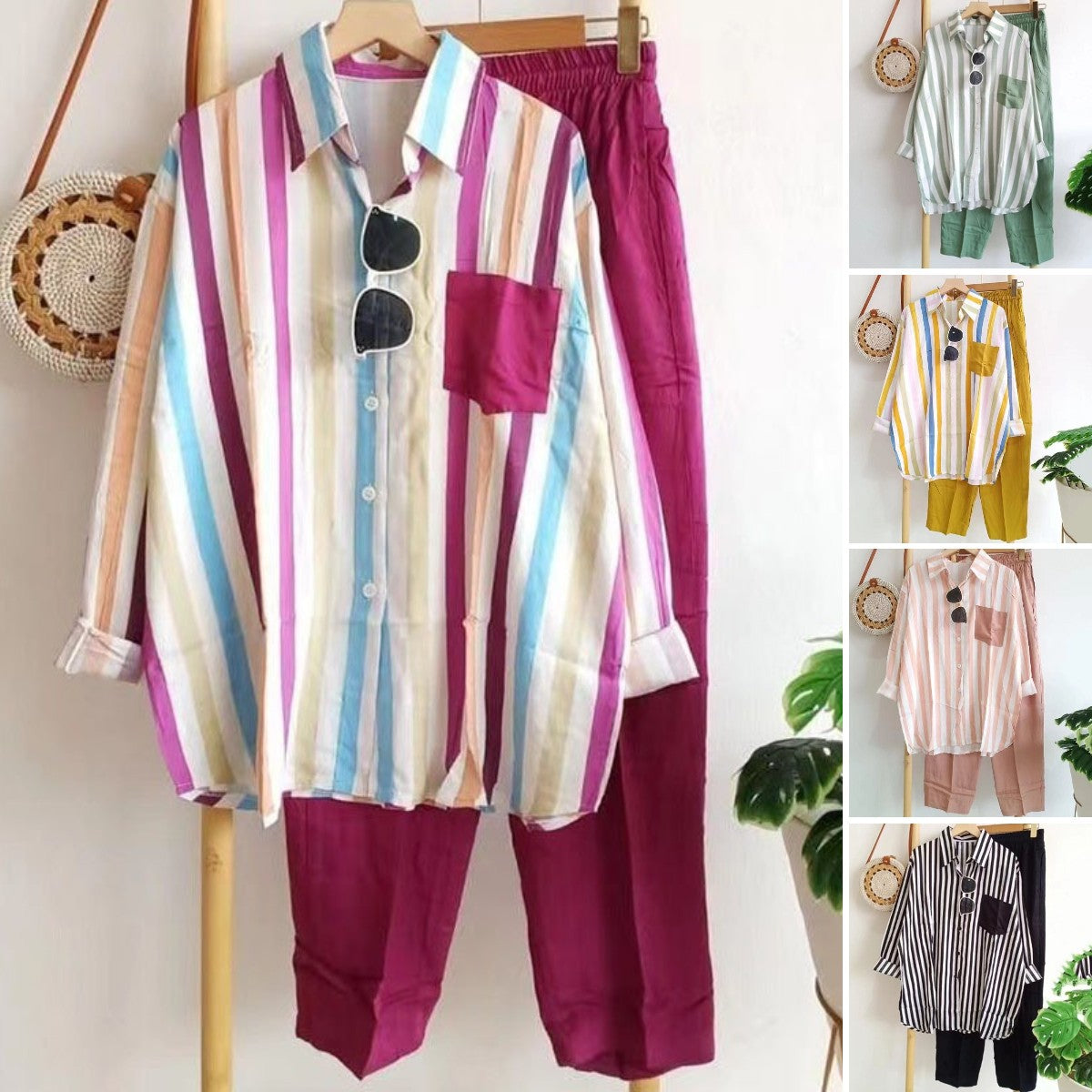 [S-5XL] 🌸 Costum casual din două piese pentru femei, cu dungi, pentru primăvară și vară - plăcut la atingere, moale și versatil
