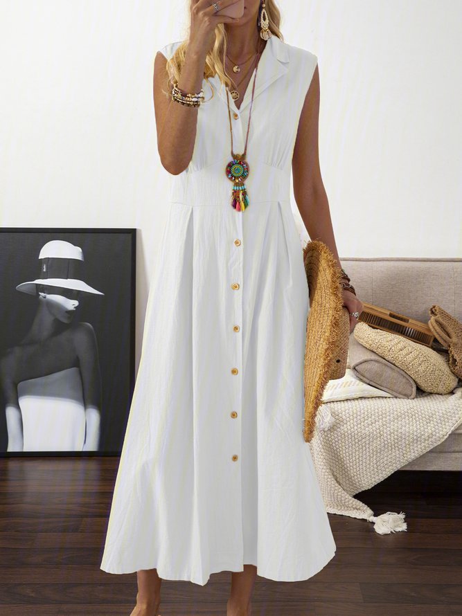 🎀💃【50% reducere 💥】【S–3XL】Rochie de damă de mărime plus mare din bumbac și in, cu guler tip sacou și nasturi, ușoară și respirabilă