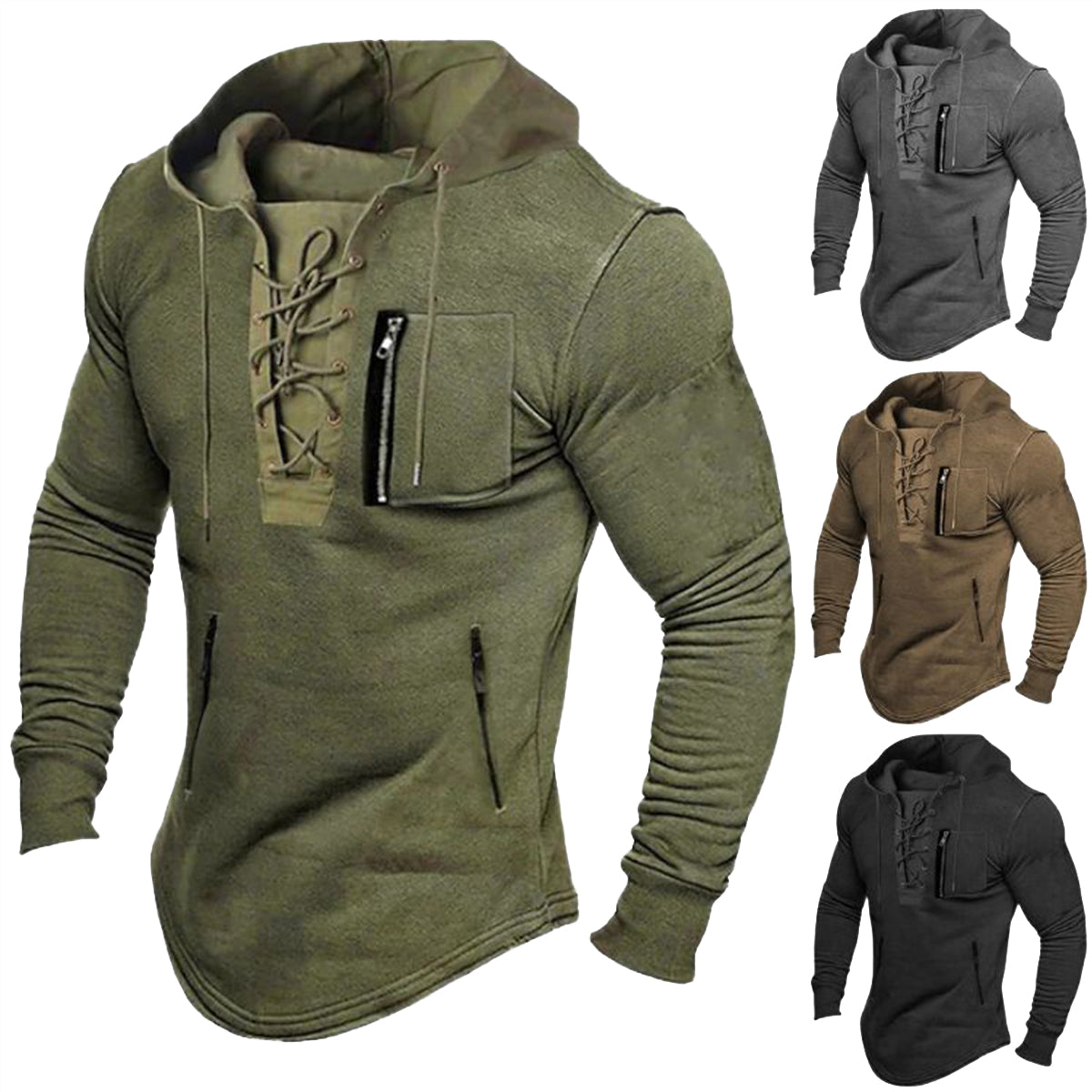 🔥【S-3XL】】2026 Jarní/podzimní mikina s kapucí, jednobarevná šněrovací mikina s kapsou na zip