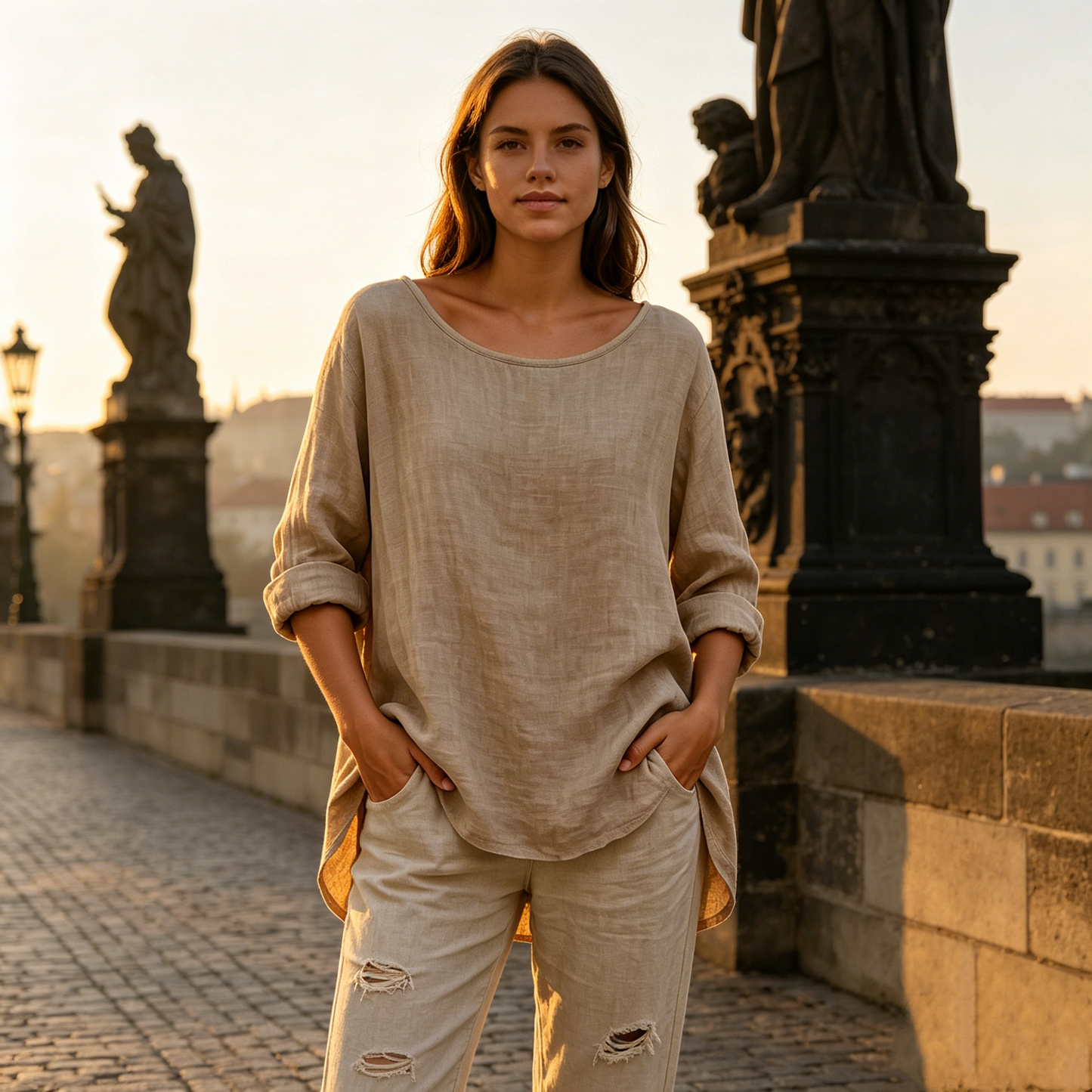 ✨【S–3XL】Modna bawełniano-lniana koszulka z okrągłym dekoltem, prosta i swobodna, przewiewna i uniwersalna.
