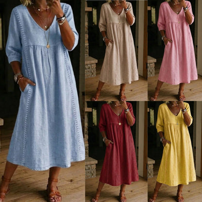 ✅ 【S–3XL 】Лятна ленена рокля с V-образно деколте и разкроен дизайн, удобна и стилна, подходяща за всички типове тяло.