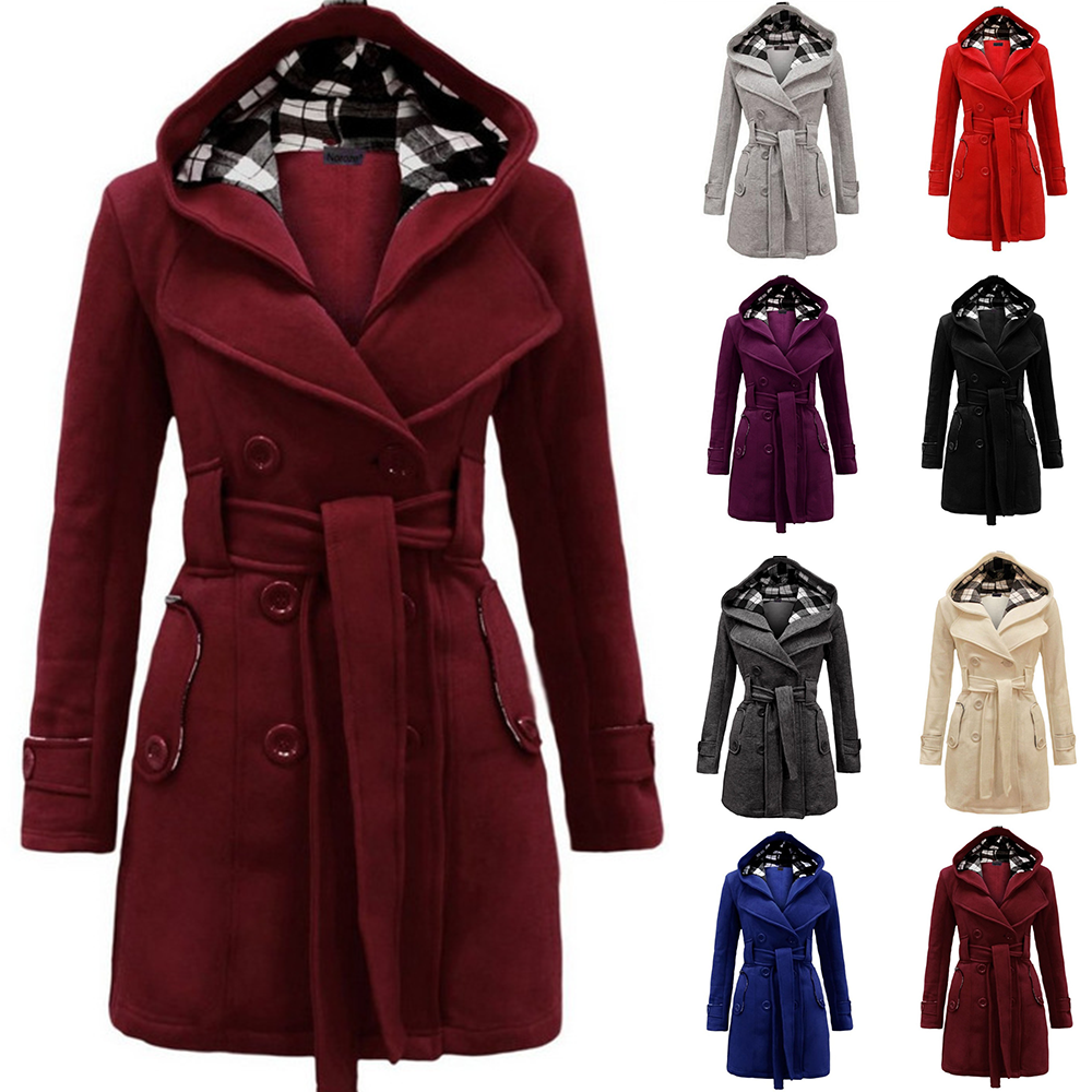 ✨【50 % popust】【S-3XL】Nov karo plašč s kapuco, dolg plašč z dvojnim zapenjanjem in pasom.