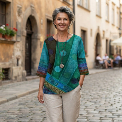 🌸2026 Nowy T-shirt z geometrycznym nadrukiem i długim dekoltem w kształcie układanki dla kobiet