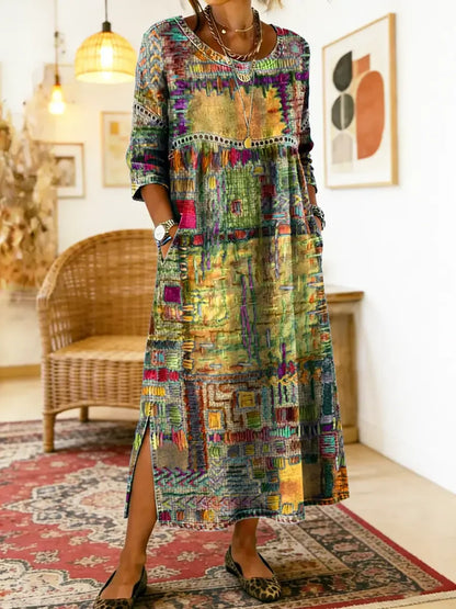 ✨ 50% zniżki!【S-5XL】Letnia sukienka w stylu retro z okrągłym dekoltem i nadrukiem – lekka, przewiewna, wyszczuplająca i łatwa w stylizacji.