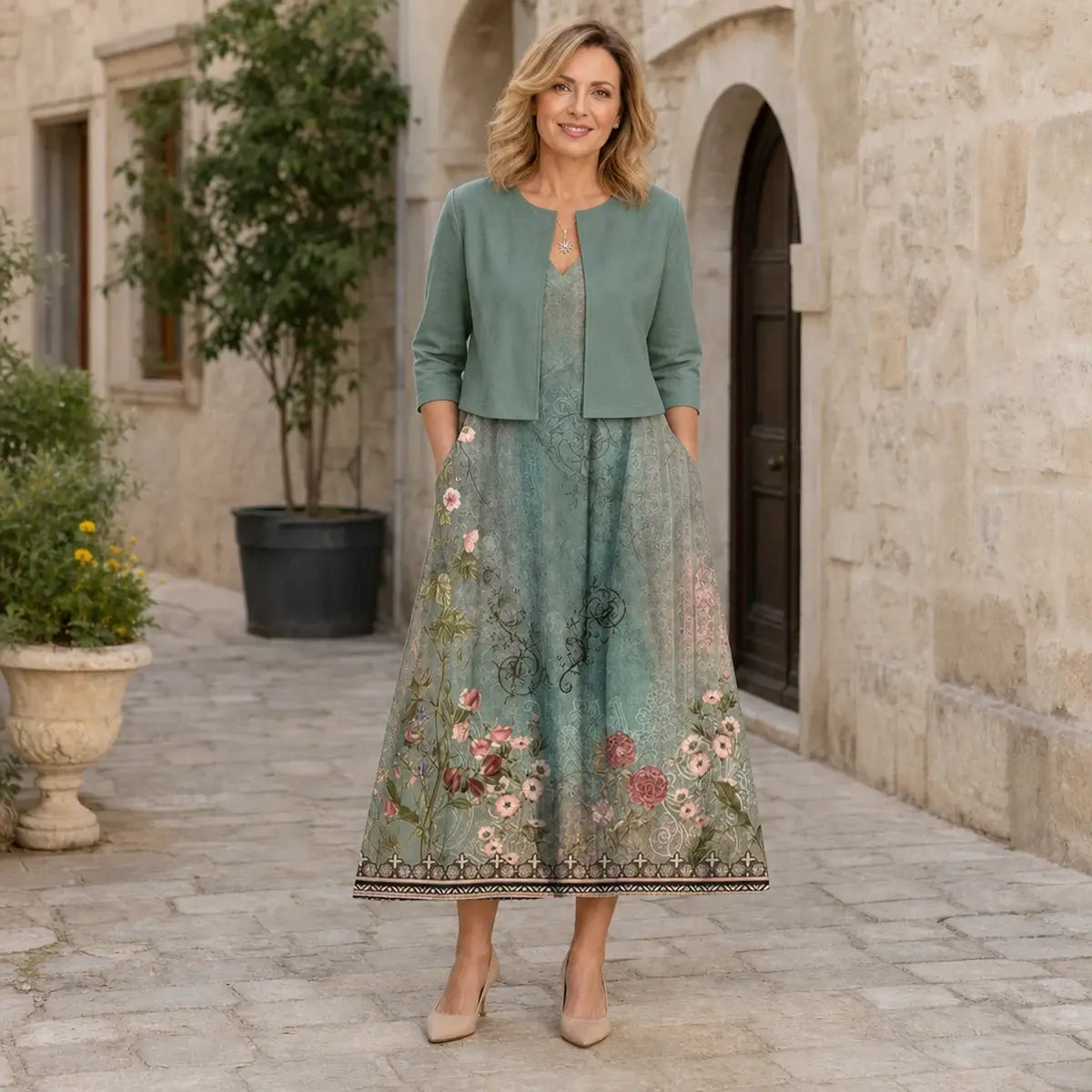 🌸【Długa sukienka z dekoltem w serek + płaszcz】🌸Elegancki dwuczęściowy komplet z kardiganem w etnicznym wzorze